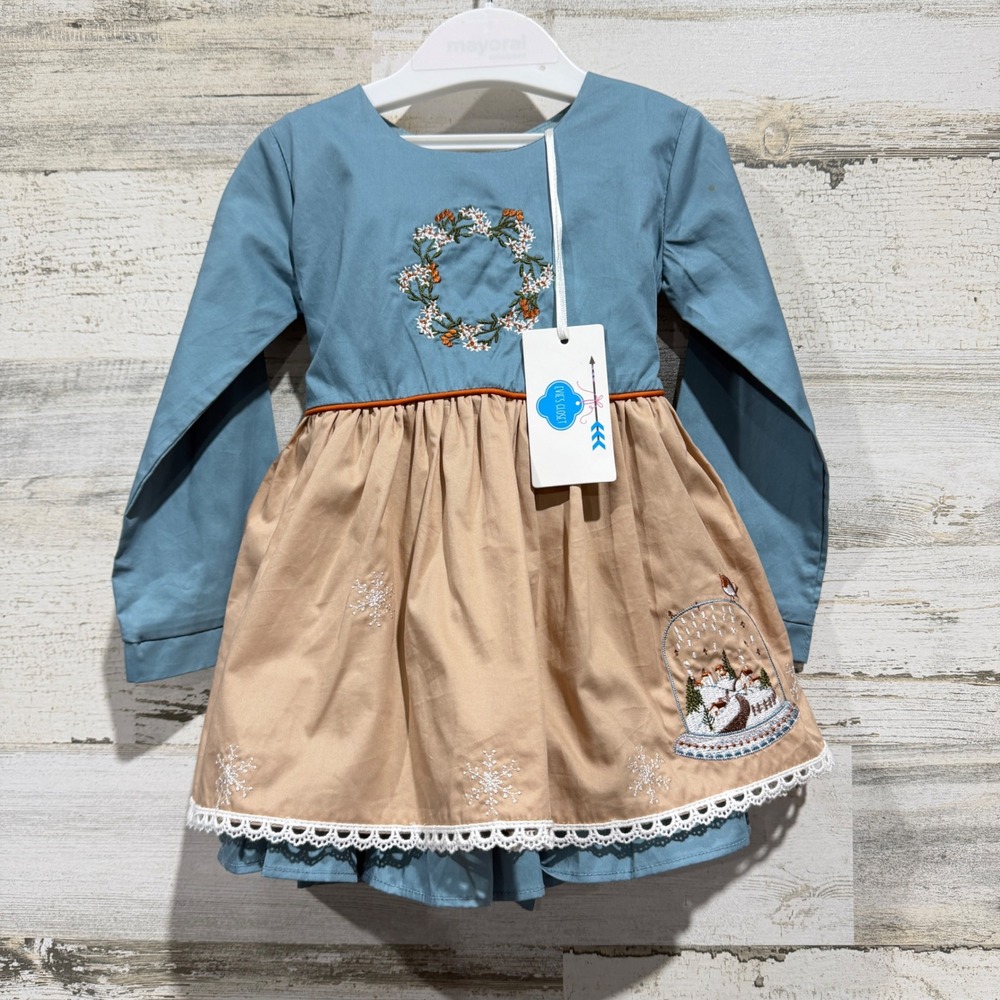 Evie's Closet Dress Girls 12m Blue Tan Embroidered Snowglobe Winter NWT *Flawed